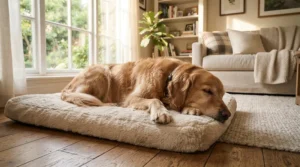 A Golden Retriever relaxing on a cooling dog bed for summer in a sunlit British living room