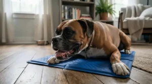 A Boxer dog resting safely on a cooling dog bed for summer to avoid heatstroke symptoms