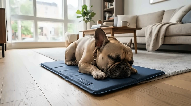 A French Bulldog enjoying a self-cooling pet bed as a cooling dog bed for summer use