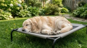 An elevated dog bed for hot weather positioned on a lush green lawn in a sunny British garden.