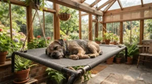 A terrier asleep on an elevated dog bed for hot weather during a warm summer afternoon.