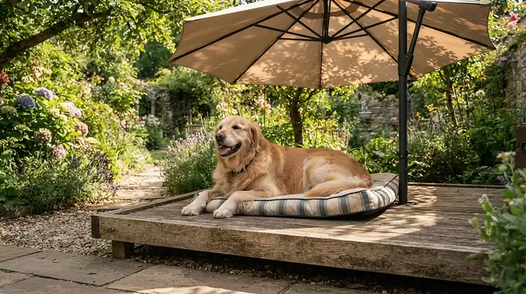 A medium-sized dog relaxing on an elevated dog bed for hot weather under the shade of a patio umbrella.