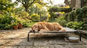 A sturdy garden dog bed for large dogs positioned on a modern grey stone patio with a golden retriever resting comfortably.