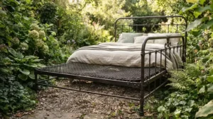 A heavy-duty garden dog bed for large dogs designed with reinforced metal framing to support big breeds outdoors.