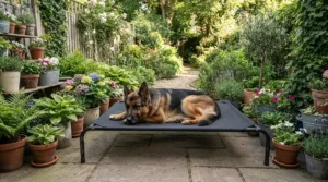 A large breed garden dog bed featuring breathable mesh fabric for cooling comfort on warm British summer days.