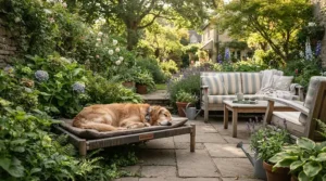 A family enjoying the weekend with a UV-resistant dog bed for garden gatherings.