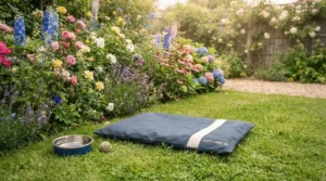 A sturdy UV-resistant dog bed for garden spaces surrounded by blooming flower borders.
