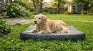 A sun-safe UV-resistant dog bed for garden lawn use, keeping pets cool on grass.