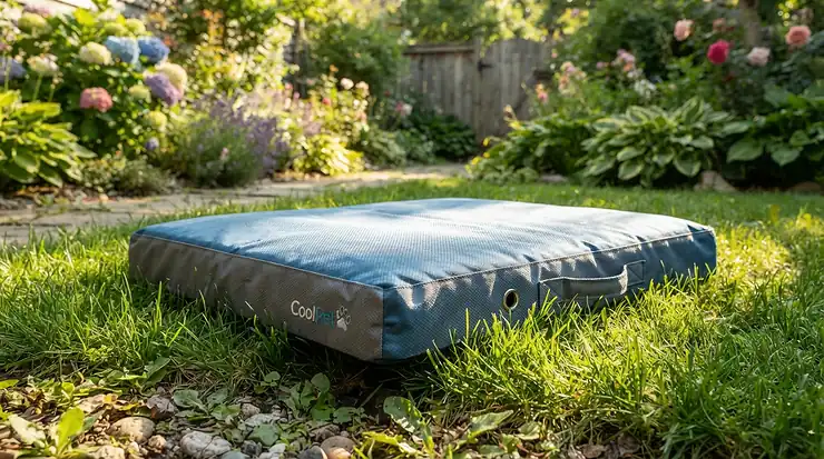 A heat-reflective UV-resistant dog bed for garden use during hot summer days.