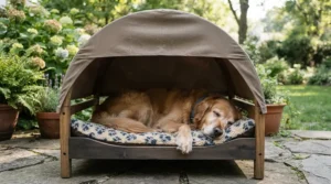 A UV-resistant dog bed for garden settings featuring a protective shade canopy.