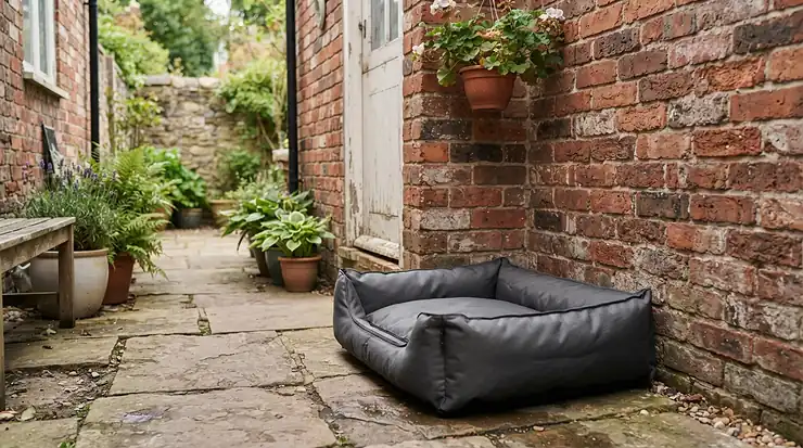 An affordable waterproof garden dog bed positioned by a back door in a compact yard