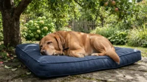 A large golden retriever relaxing on a waterproof garden dog bed in the shade
