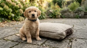 A puppy playing near a chew-resistant waterproof garden dog bed on patio paving