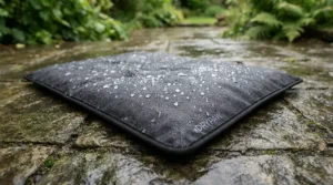Raindrops beading on a durable waterproof garden dog bed during a light shower
