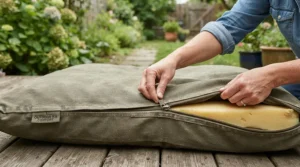 A waterproof garden dog bed with a zipped machine-washable cover being cleaned